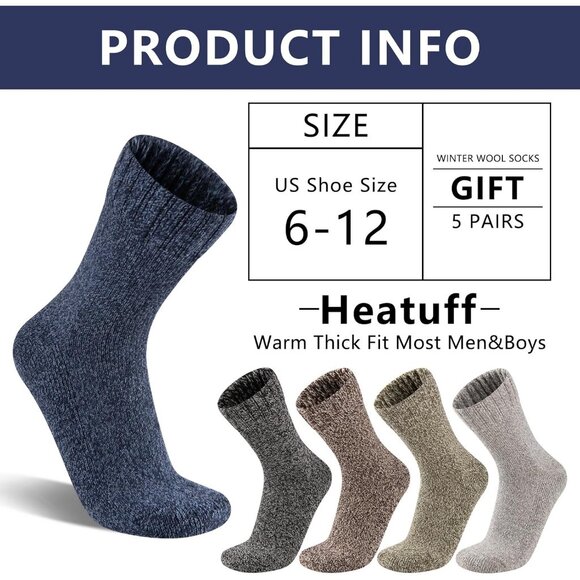Mens Thick Wool Socks Thermal Warm Winter Crew Socks 5 Pairs Multicolors - Picture 6 of 7